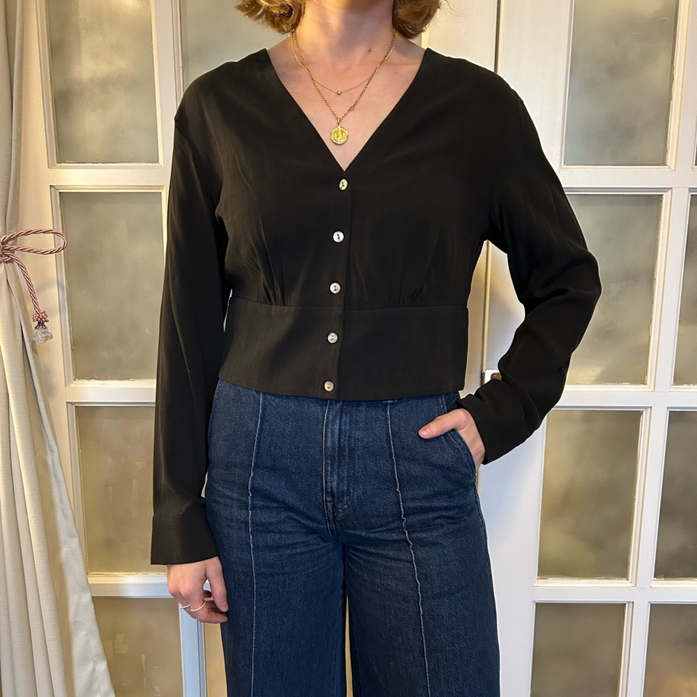 Black V-Neck Button-Up Women's Top